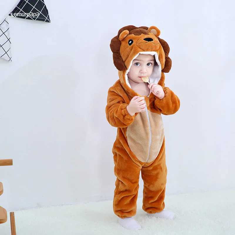 Pajamas Lion Romper Baby Warm Jumpsuit Boys Girls Winter Outfit Toddlers Halloween Animal Suit Funny Onesie Festival Party Bebe Clothes H241205