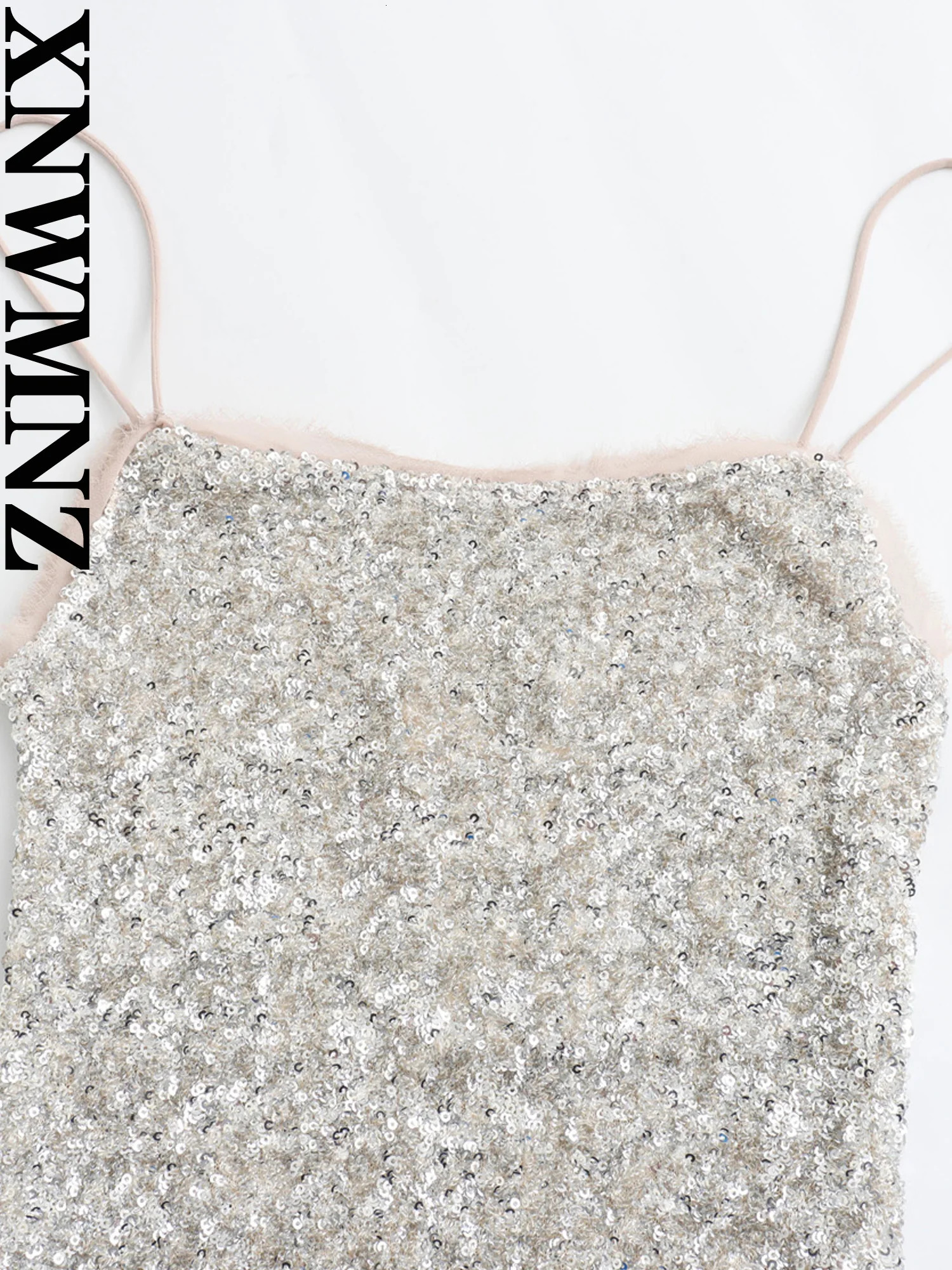 XNWMNZ Womens Fashion Sequin Slip Dress Women Party Style Thin Straps Open Back Slim Lining Female Midi Dresses 241205