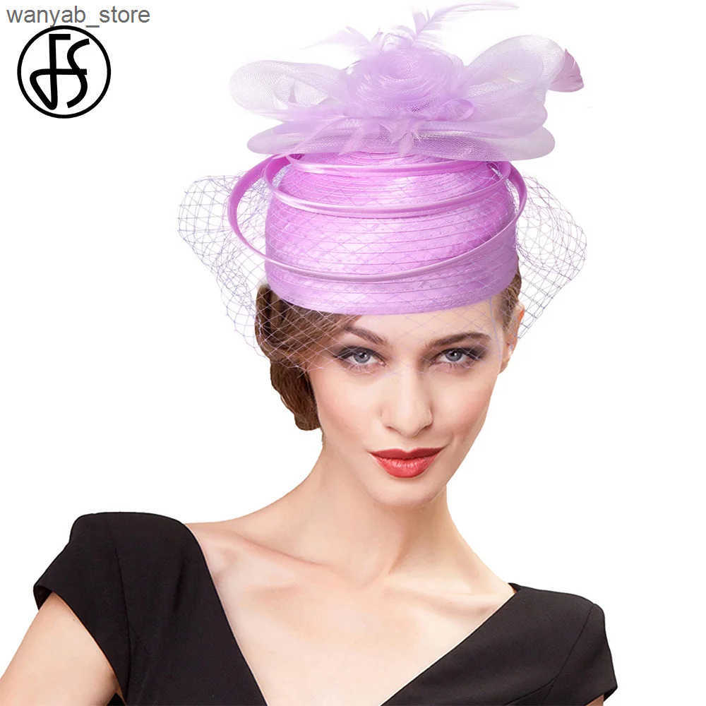 Cloches FS 2024 Wedding Church Red Hat Womens Feather Veil Cocktail Party Headwear Elegant Womens Kentucky Derby Hat L240910