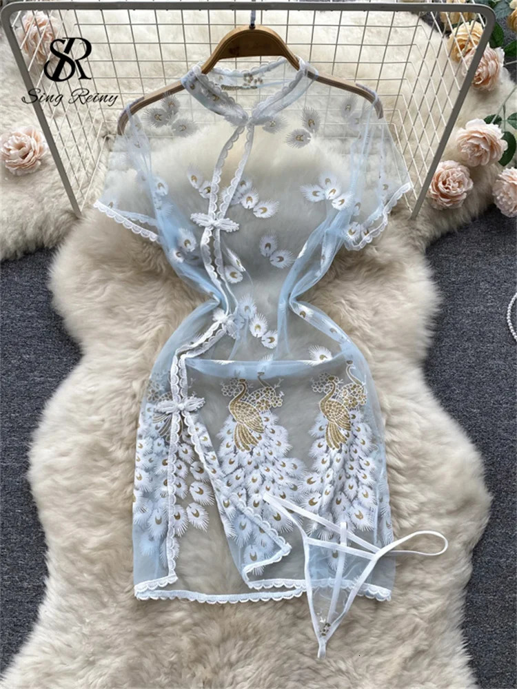 SINGREINY Erotic Slim Sexy Lingerie Night Dress Chinese Style Embroidery Print Sheer Poron Nightwear Women Sensual Lingerie 241205