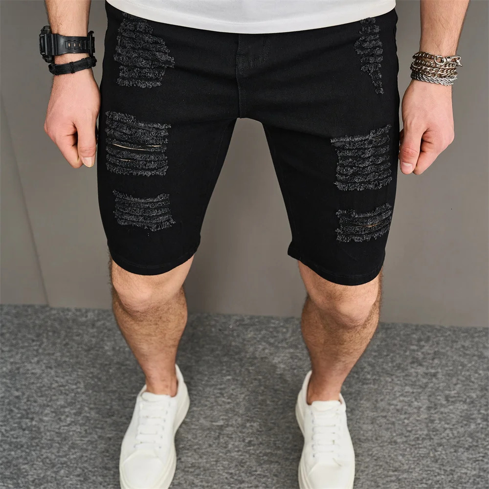 Street Men Holes Distressed Slim Beach Denim Shorts Summer Stylish Solid Male Casual Jean Five-point Pants 241205