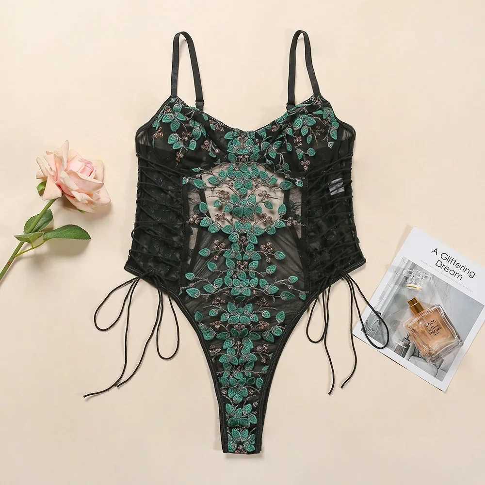 Womens Sweet Lace Embroidery Strap Lingerie Set Sexy Perspective Temptation Jumpsuit Female Solid Exotic Apparel SuitXJ241205