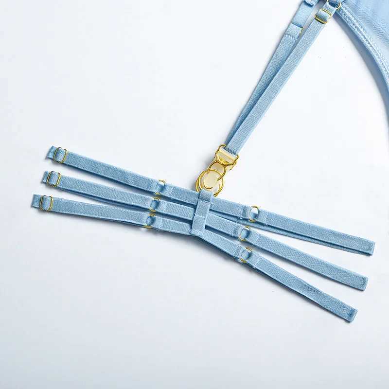 3pcs Ladies Sexy Solid Sensual Lingerie Set Mesh Underwear Women Push Up Bra Garters Brief Sets Transparent Blue BraXJ241205