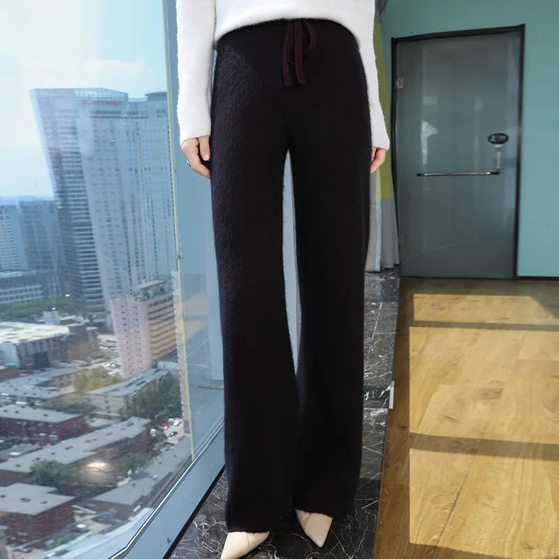 Autumn/Winter Mink Cashmere Wide Leg Womens Pants Thick Warm Loose High Waist Strap Vertical Casual Pants 241202