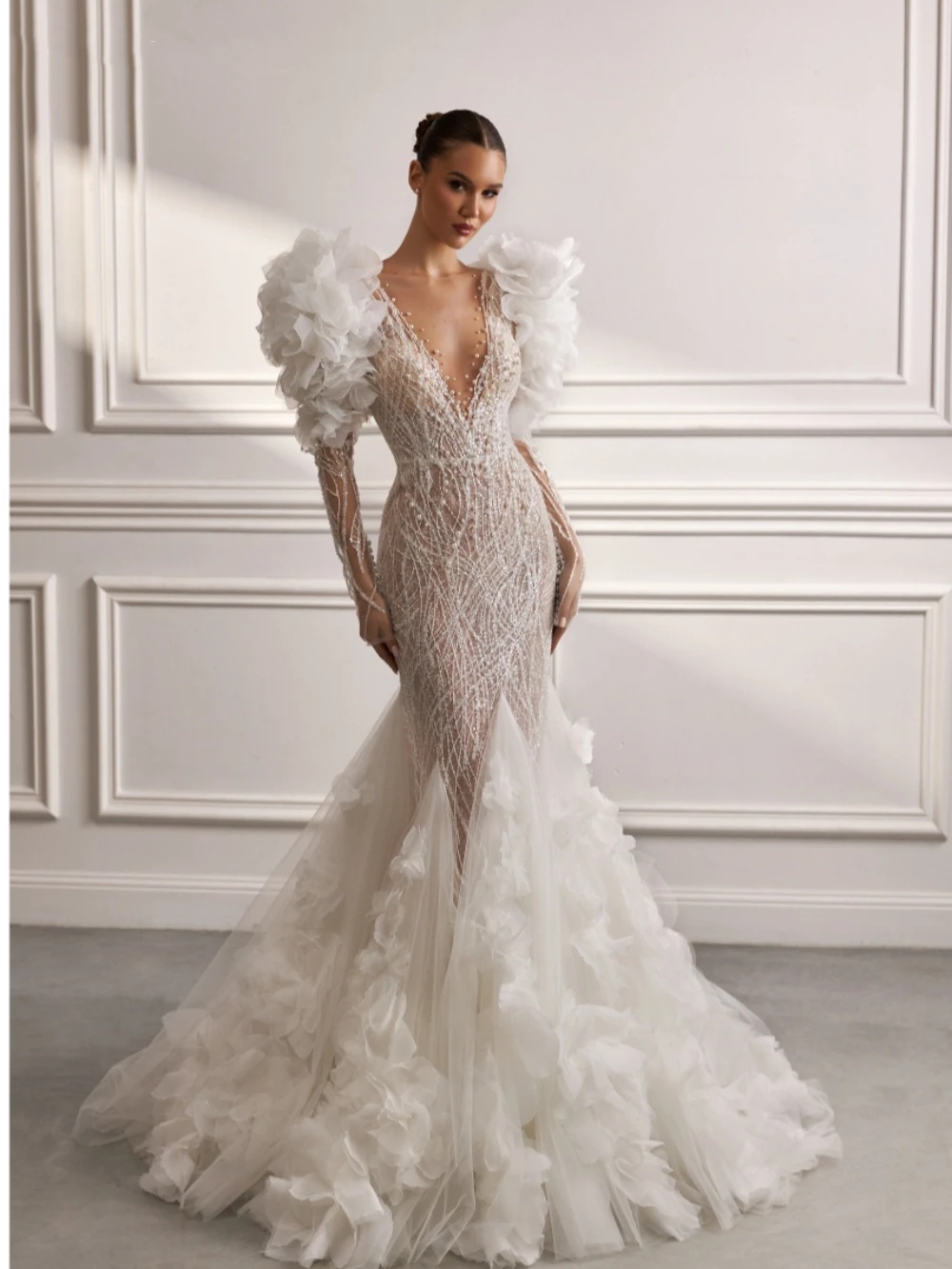 Designer Pleat 3D wer Bride Robe Illusion Mermaid Bridal Dress Shiny Beads Pearls Wedding Gown Customized Vestido De Novia