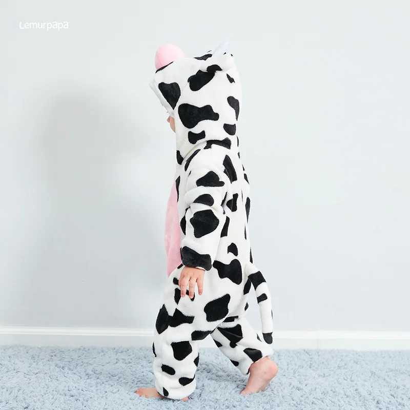 Pajamas Cow Romper Baby Warm Jumpsuit Boys Girls Winter Outfit Toddlers Halloween Animal Suit Funny Onesie Festival Party Bebe Clothes H241205
