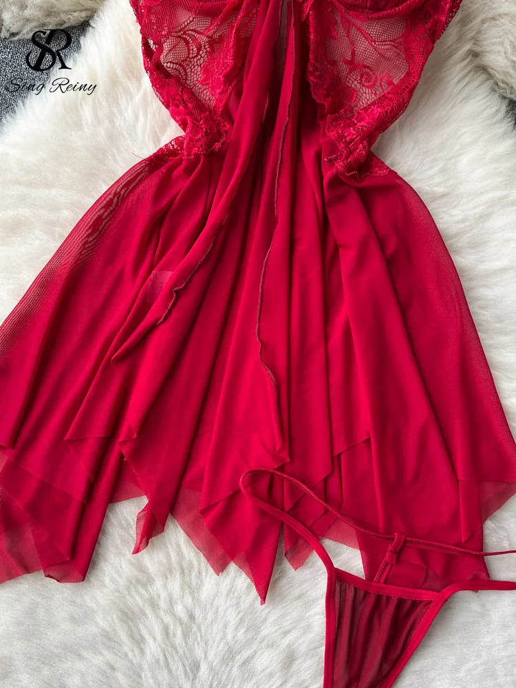 SINGREINY Sensual Sleepwear Porno Night Dress Women Mesh Spliced Camis Nightgowns Summer Split Sexy Sheer Pajamas Dress 241205