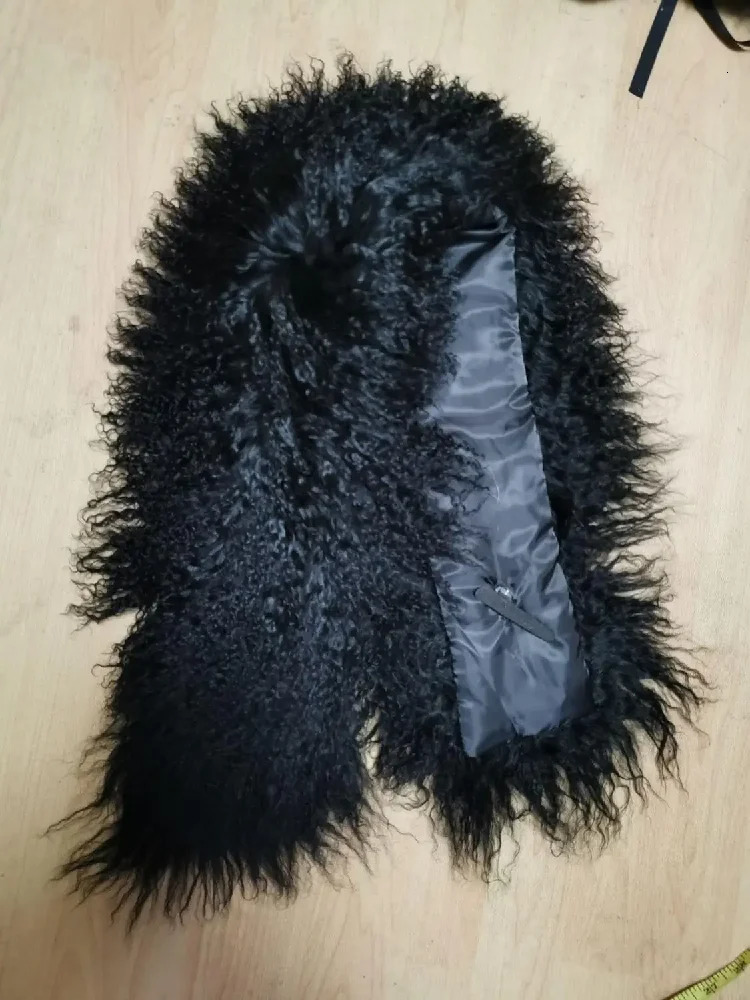 Real Mongolian Sheepskin Scarf Womens Winter Warm Collar Natural Curly Black 241205