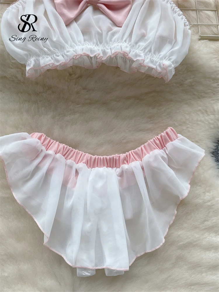 SINGREINY Bow Sheer Japan Style Erotic Suits Lingerie Women Navy Collar Sleeveless TopsChiffon Briefs Sweet Sexy Underwear Sets 241205