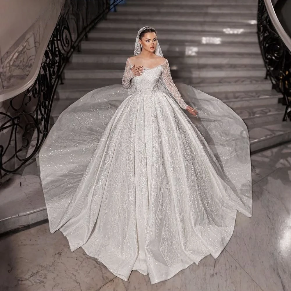 Sparkly Beaded Wedding Dress With Train Strapless Long Sleeve Bridal Gown Customized Ball Gowns Dresses For Bride vestidos de novia