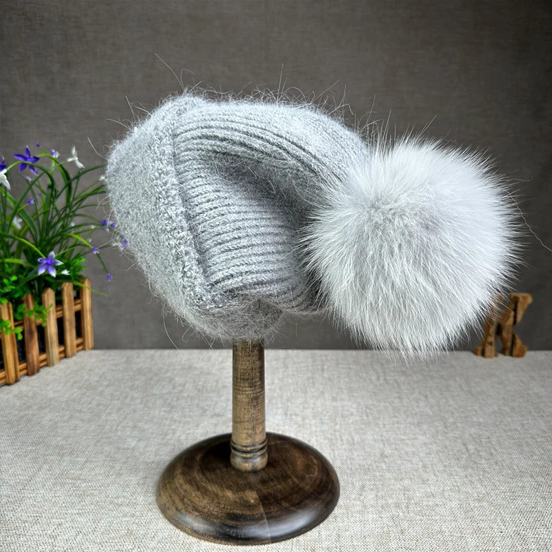 Korean version fox fur ball knitted hat suitable for womens autumn and winter earmuffs Angora rabbit fur flip cover plush hat 241205