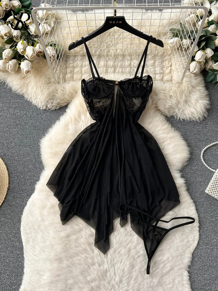 SINGREINY Sensual Sleepwear Porno Night Dress Women Mesh Spliced Camis Nightgowns Summer Split Sexy Sheer Pajamas Dress 241205