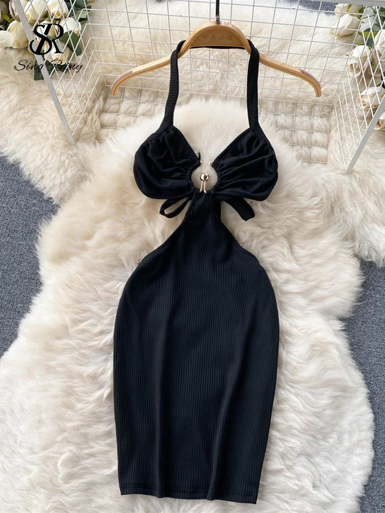 SINGREINY Sensual Camis Female Dress French Sleeveless Lace Up Sheath Dress Women Slim Short Halter Backless Sexy Dress 241205