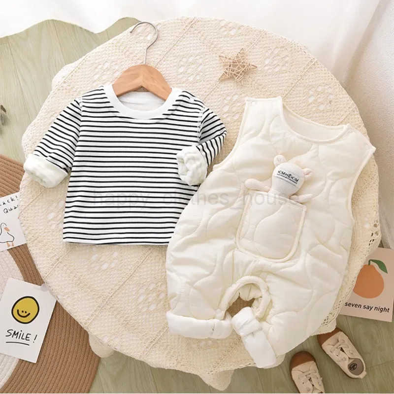 Autumn Winter Baby Boy Girl Rompers Newborn Plush Thick Cotton Set Warm Striped Top+Jumpsuit with Doll 2pcs Casual Baby ClothesXJ241205