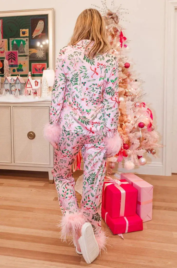 Womens Christmas Pajama Set Long Sleeve Button Down Decorative Shirt Matching Pants 2-piece Lounge Set 241204