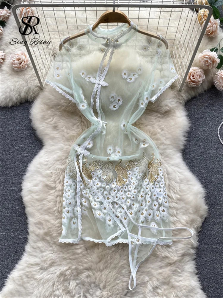 SINGREINY Erotic Slim Sexy Lingerie Night Dress Chinese Style Embroidery Print Sheer Poron Nightwear Women Sensual Lingerie 241205