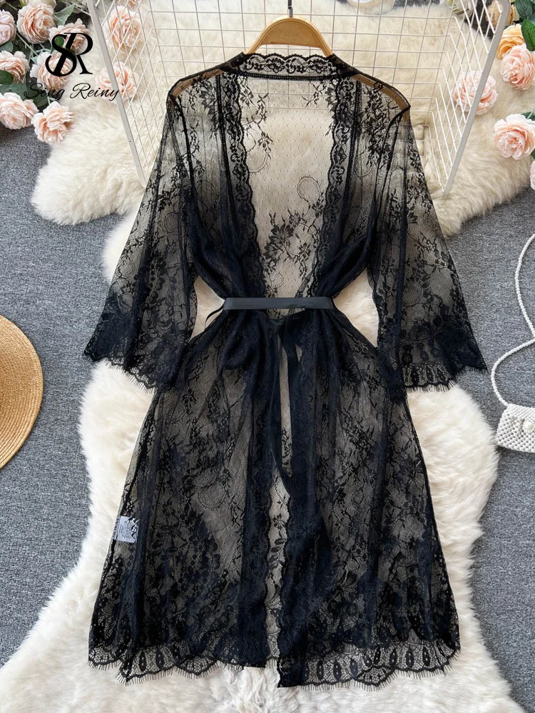 SINGREINY Mesh Sheer Sensual Cardigan Nightwear Women V Neck Lace Print Night Dress Summer Long Sleeve Lingerie Erotic Pajamas 241205