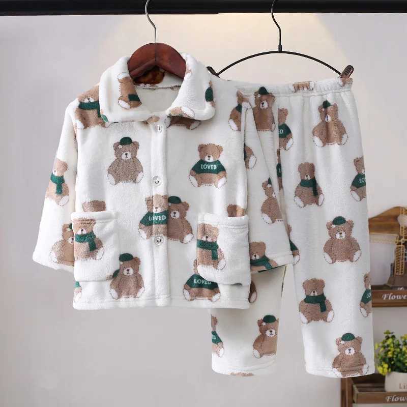 Pajamas Thickened Warm Children Pajamas Autumn Winter Flannel Girls Home Wear Set Boys Long-Sleeved Cardigan Sleepwear Boys Small Medium H241205