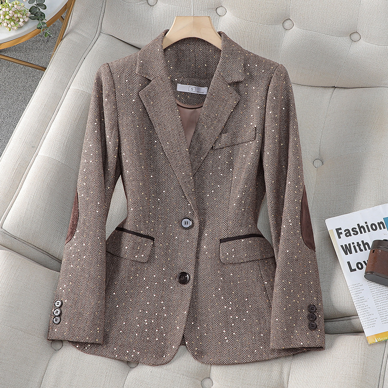 Spring Retro Gray Splice Plaid Sequins Blazers Coat For Women Brown Elegant Business Vintage Ladies Suit Jacket Fashion Y2k