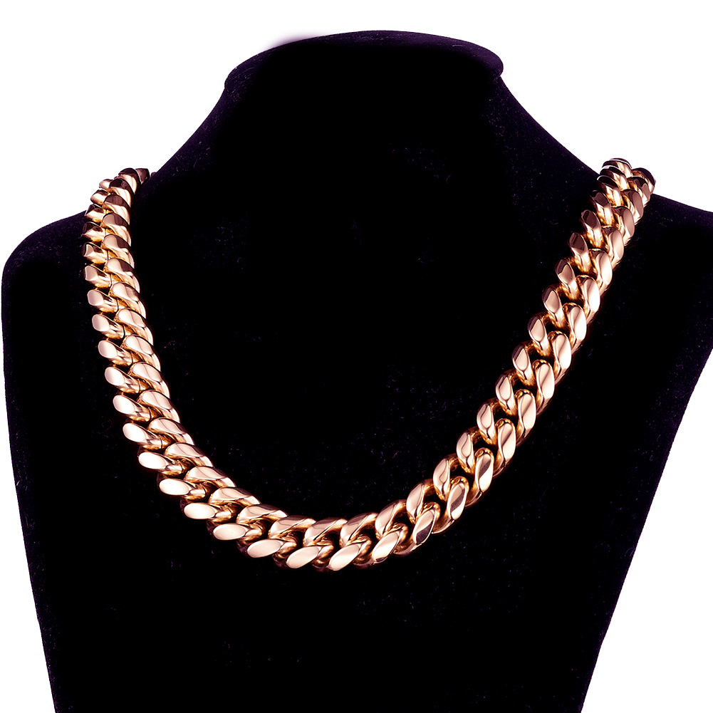 14mm Solid Miami Stainless Steel Cuban Link Chain Necklace Bracelets Rose Gold Plated Rap Jewelry Free door-to-door delivery