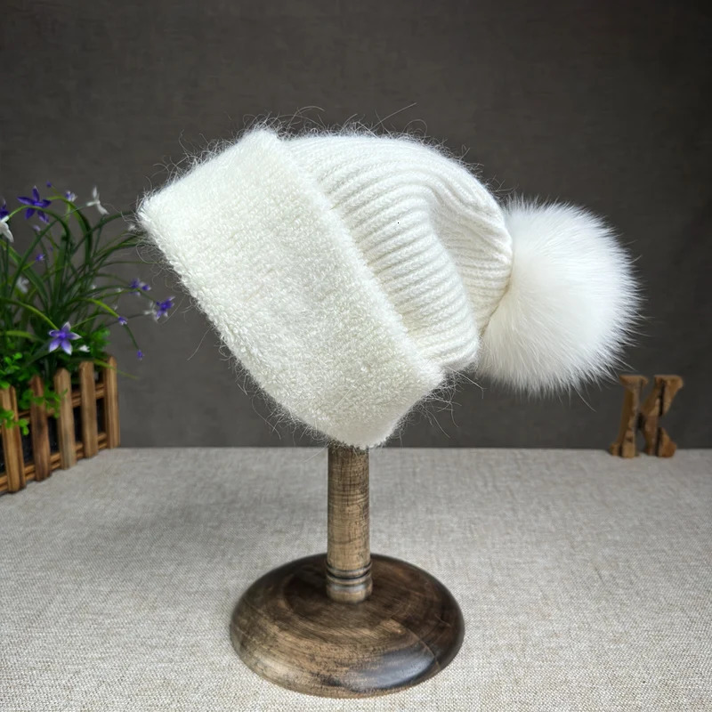 Korean version fox fur ball knitted hat suitable for womens autumn and winter earmuffs Angora rabbit fur flip cover plush hat 241205