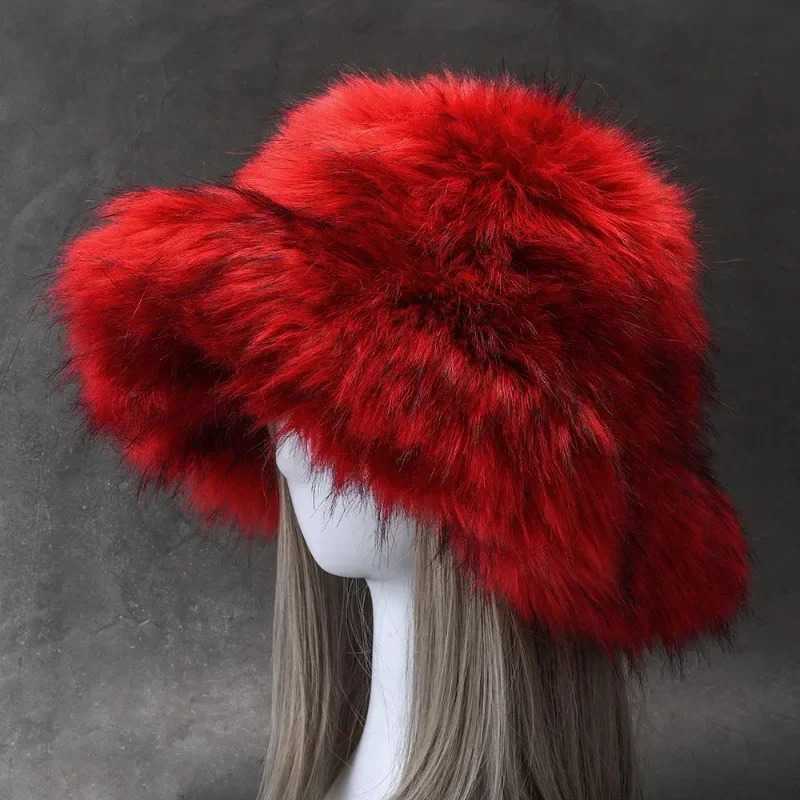 Womens fluffy faux fur bucket hat retro plush and warm oversized Y2K fisherman hat thick raccoon fur winter hat 241205