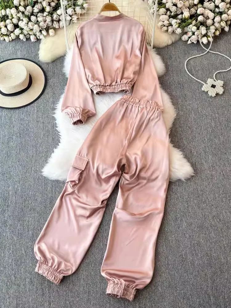 TWOTYLE Streetwear Two Piece Set For Women Round Neck Long Sleeve Coat High Waist Cargo Pant Loose Sets Female KSE513185 241205