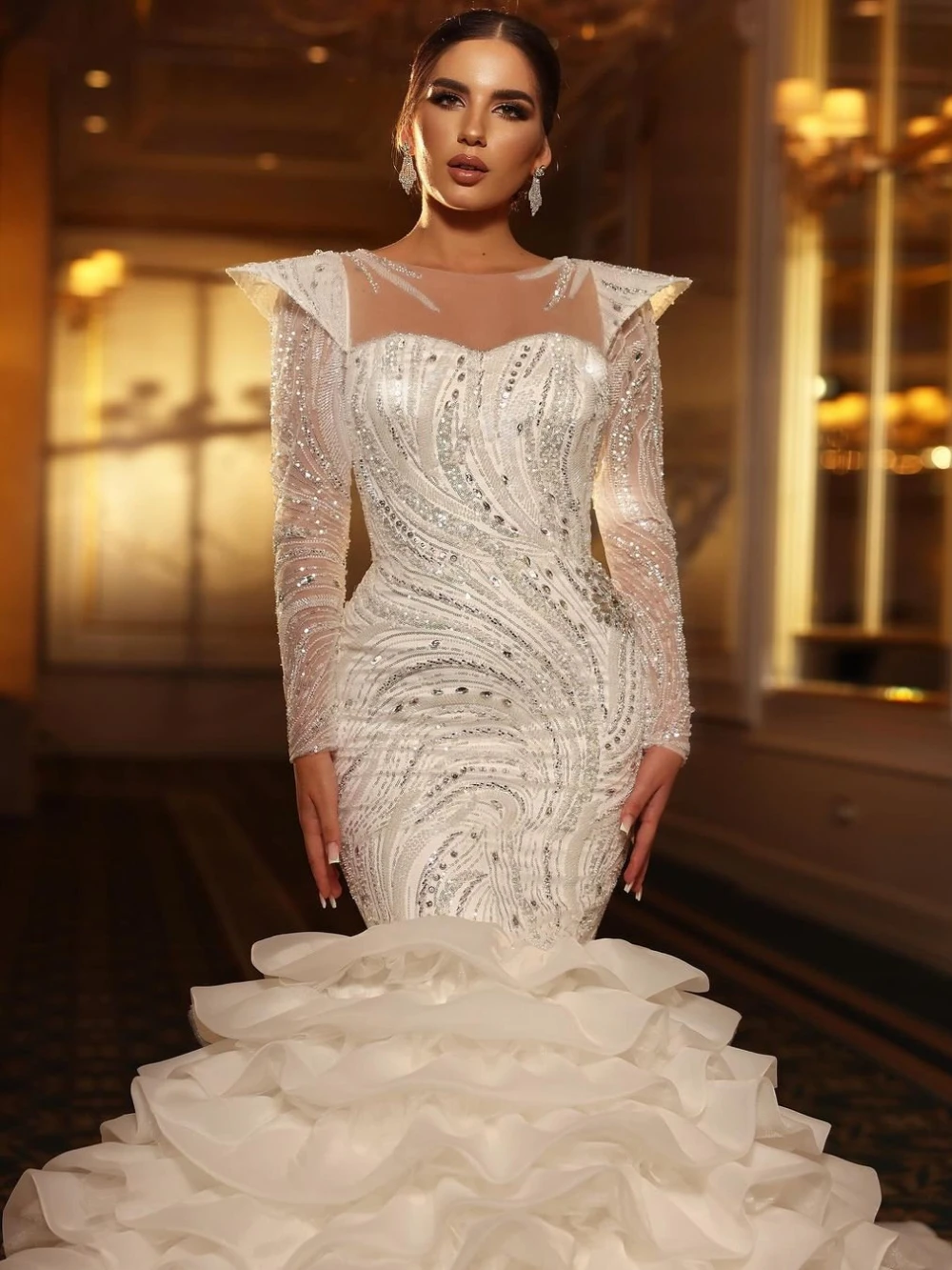 Exquisite Ruffled Beaded Mermaid Wedding Dress Modest O-neck Long Sleeve Bridal Gown Customized Sequined Dresses For Bride vestidos de novia