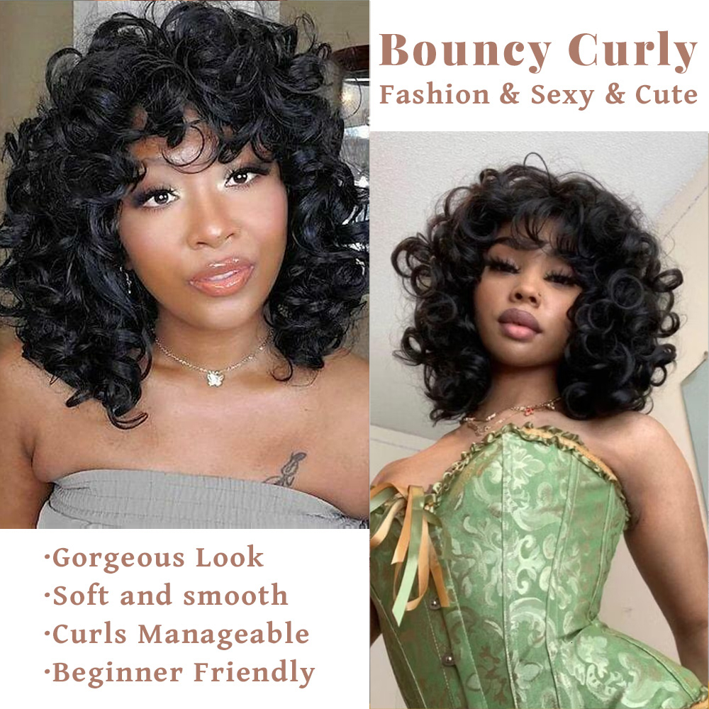Short Bob Wig With Bangs Ready To Go Glueless Bouncy Curly Human Hair Hine Made Afro Wigs For Women