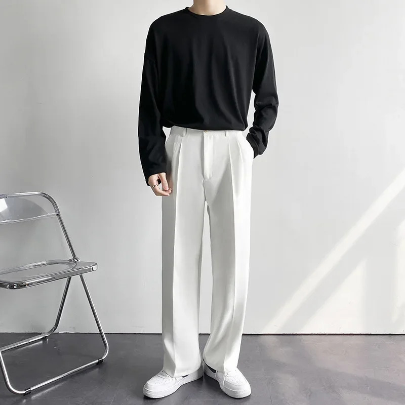 2024 Men White Straight Pants Fashion Korean Loose Suit Trousers Casual Draped Baggy Wide Pant Male Streetwear 241203
