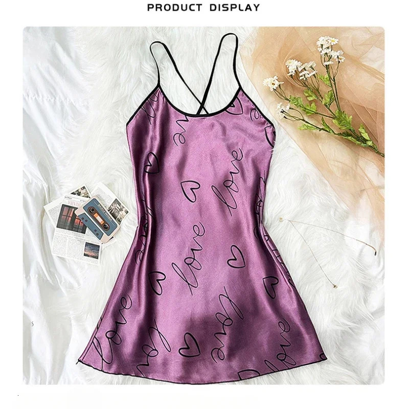 Heart Print Cross Tie Straps Satin Fabric Pajamas Sets Nightdress Casual Round Neck Strap Sleep Dress Sleepwear Dresses 241204