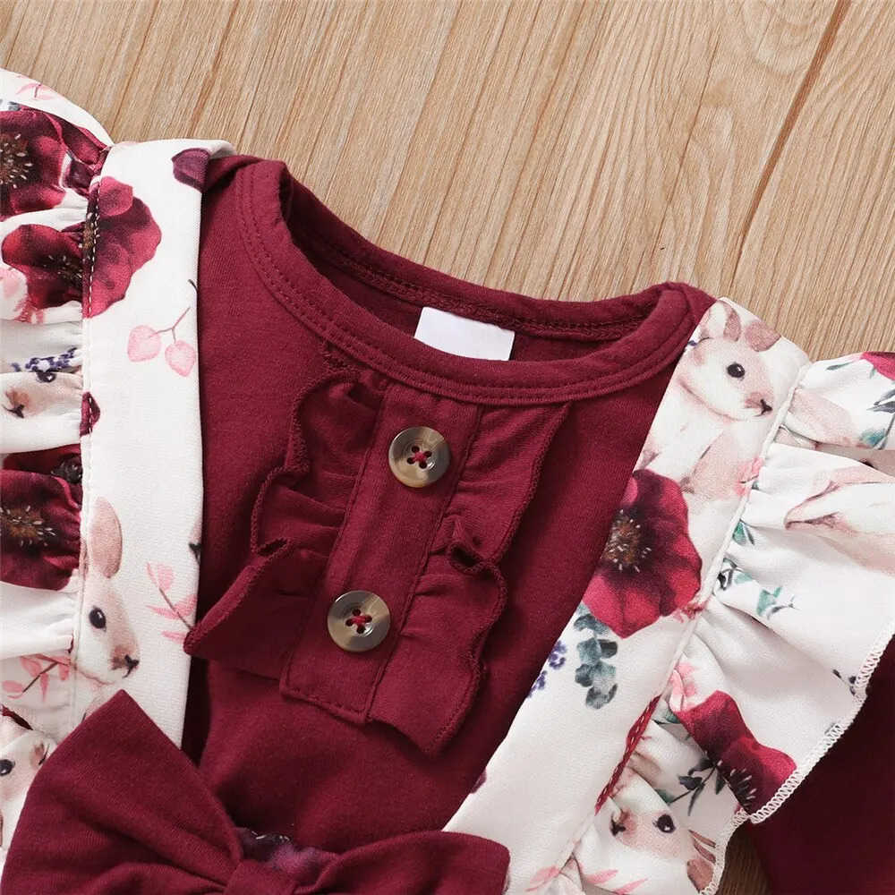 0-24 Months Newborn Baby Girl 3PCS Clothes Set Long Sleeve Romper+Flower Strap Pants+Headband Spring Autumn Lovely OutfitXJ241205