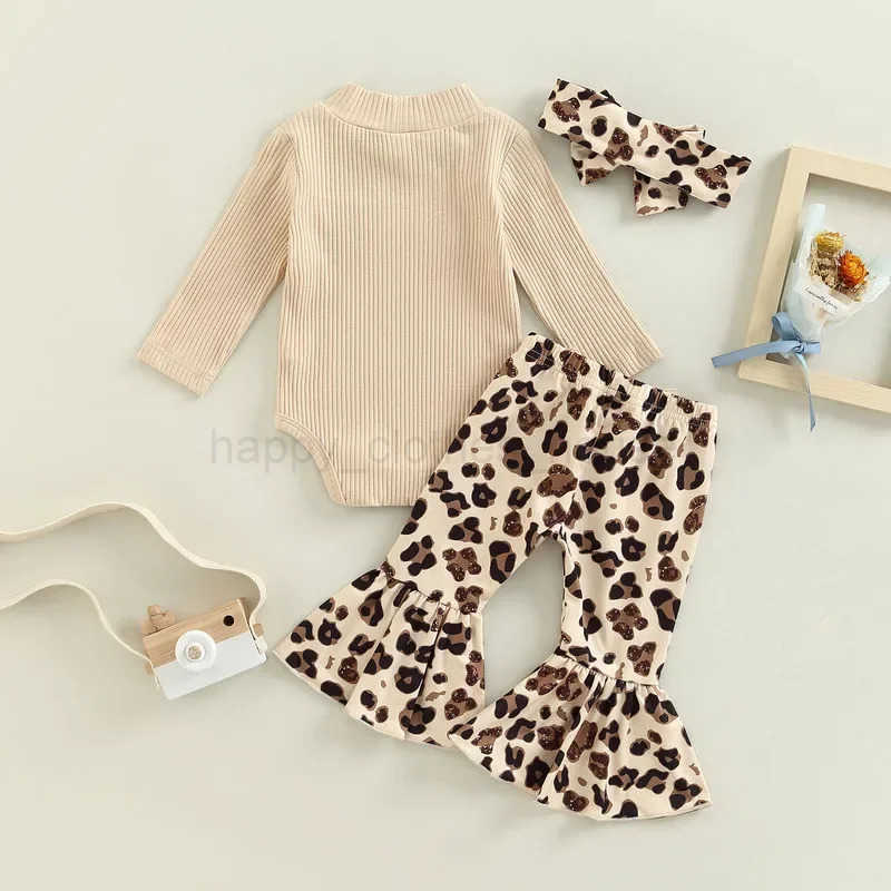 Newborn Baby Girls Clothes Pants Set Fall Winter Clothes Long Sleeve Bodysuit Leopard Bow Flare Pants Headband 0 to 18 MonthsXJ241205