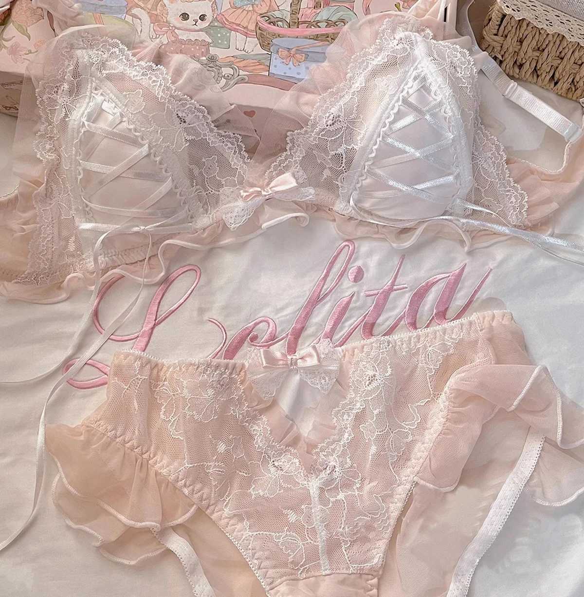Japanese Transparent Bra and Panty Set Lolita Lace Triangle Cup Underwear Women Lingerie Set Rabbit Ear Chest Pad Thin BraletteXJ241205