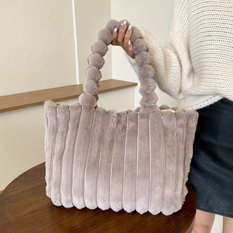 urious Solid Color Fluffy Plush Tote Bag Spacious, Lightweight, Handheld or Shoulder-Worn - Perfect for Autumn, Winter, Travel, Vacations, Shopping, a