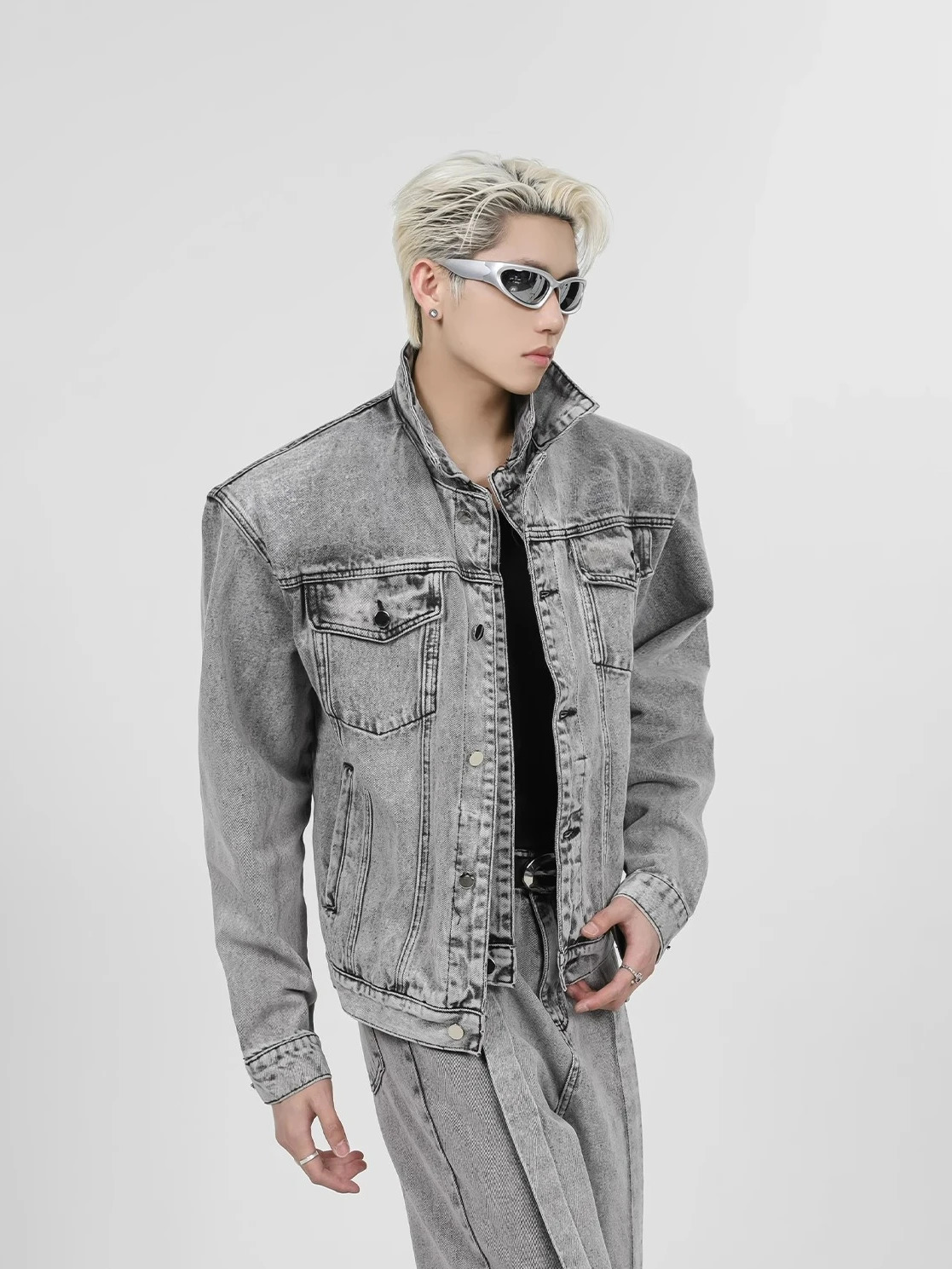 Gmiixder Gothic Spliced Shoulder Pad Denim Jacket Mens Spring and Autumn er Retro Washed Grey Jeans Two Piece/Single Set 241130