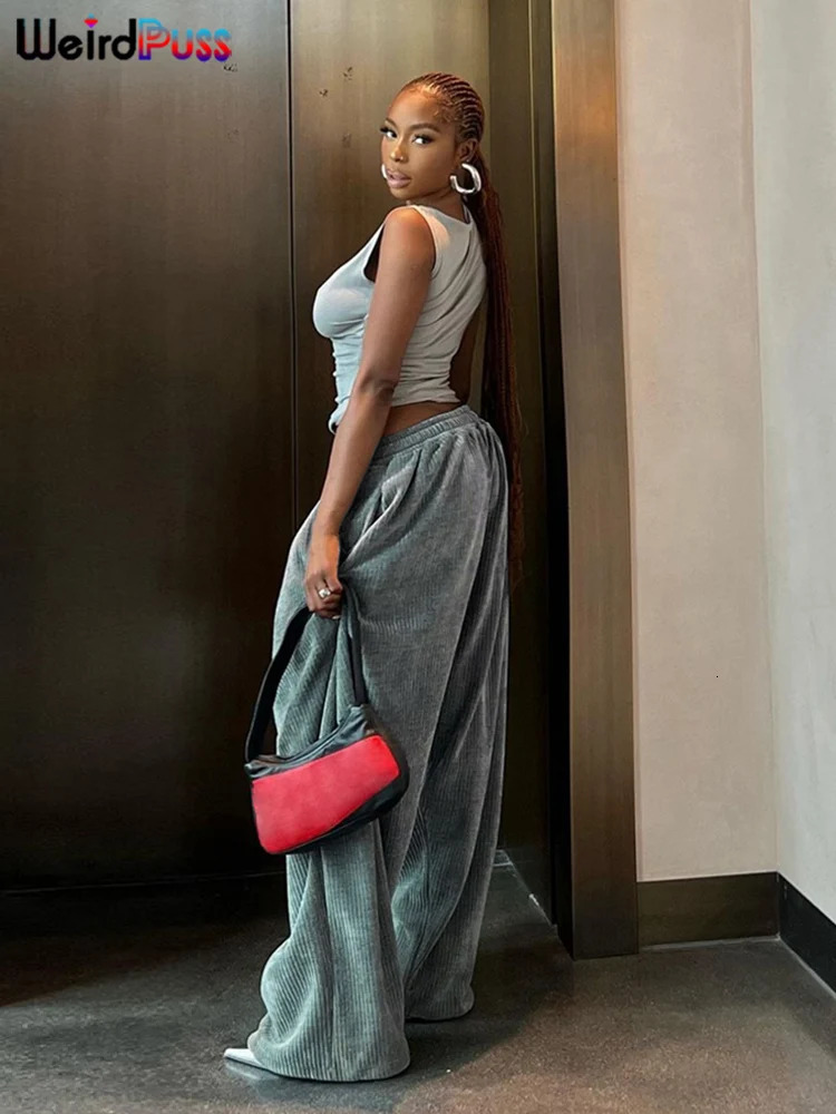 Weird Puss Y2K Casual Wide Leg Pants for Women in Autumn Loose and Simple Pocket High Waist Trouser Corduroy Streetwear Long Bottom 241202