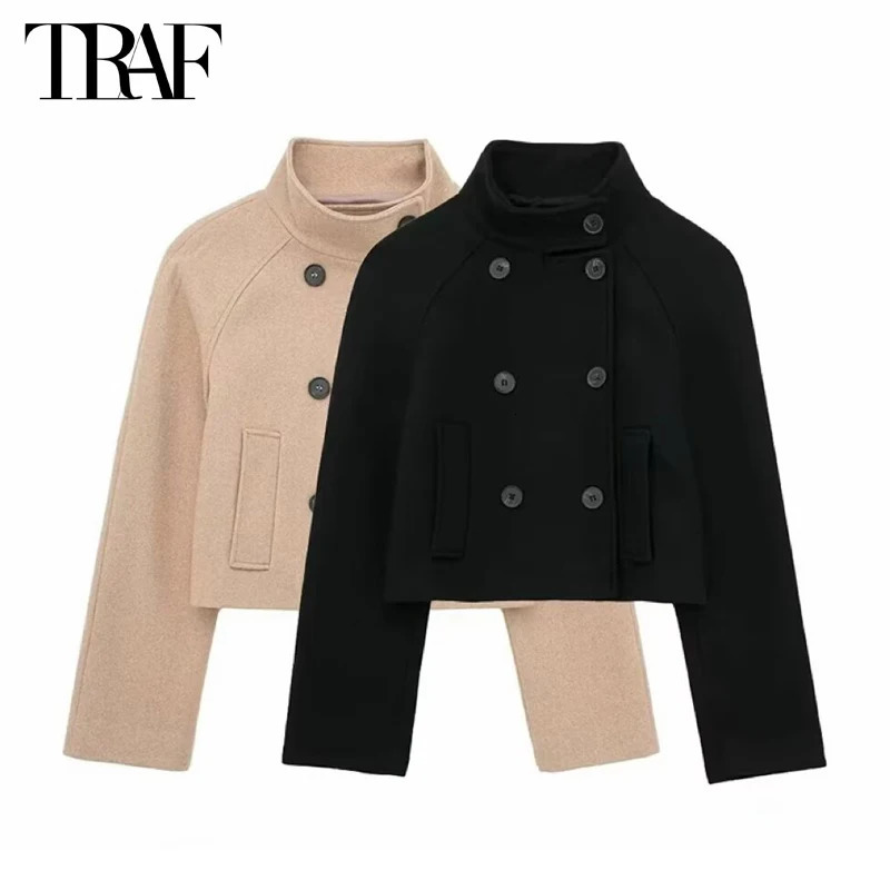 TRAF Black Tweed Cropped Jackets for Women Double Breasted Coat Woman Winter Long Sleeve Womens Jacket Autumn Outerwears 241205