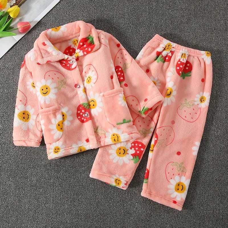 Pajamas Thickened Warm Children Pajamas Autumn Winter Flannel Girls Home Wear Set Boys Long-Sleeved Cardigan Sleepwear Boys Small Medium H241205
