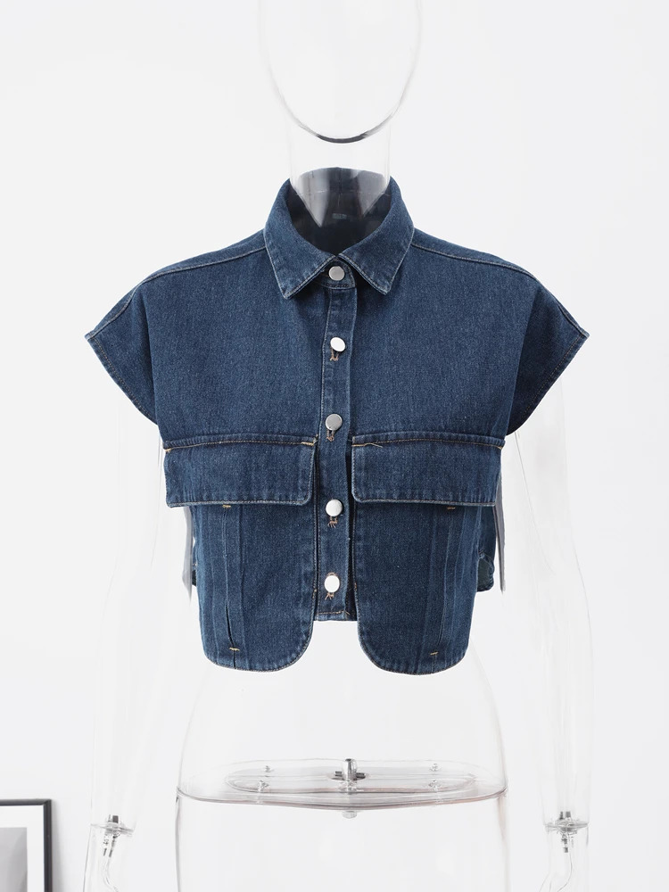 Casual Double Pocket Denim Vest Loose Turn Down Collar Single-breasted Short Vests Female Autumn Y2K Sleeveless Streetwear 241205