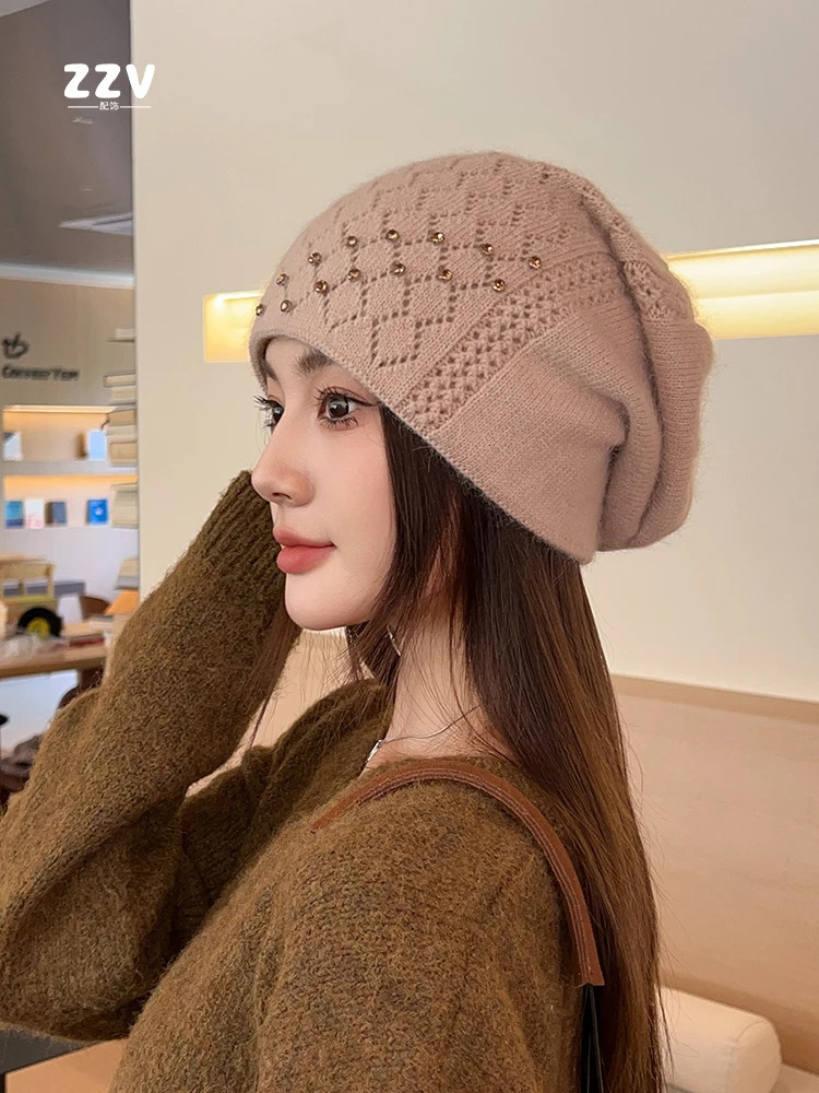 Fashionable womens knitted Beanie hat for winter warmth oversized outdoor skiing hat hip-hop striped hat thickness R76 241205