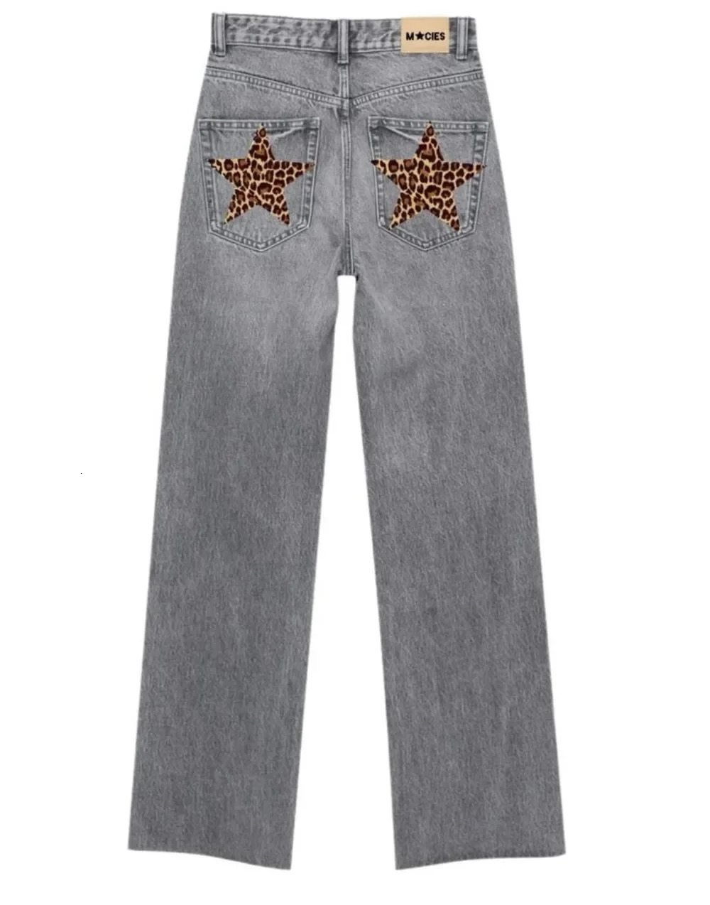 Y2K Jeans Womens Harajuku Retro Leopard Print Star Graphic Patch Trousers Gothic Slim High Waist Straight Light Blue Pants 241204