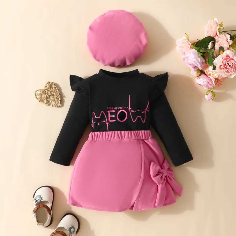 6-18months Infant Autumn and Spring Baby Girls Long Sleeve Letter Top Cat Peint Plush Skirt Beret Three-piece SetXJ241205