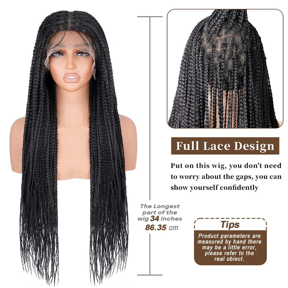 34Inch Front Braided Wigs For Black Women Knotless Braid Full Double Lace Micro Box Braids Wig Pre Plucked