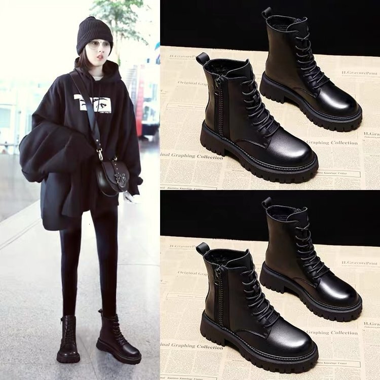 British mid length boots Martin boots 2022 model black handsome short boots PU front lace up round toe low heel thick sole single boot