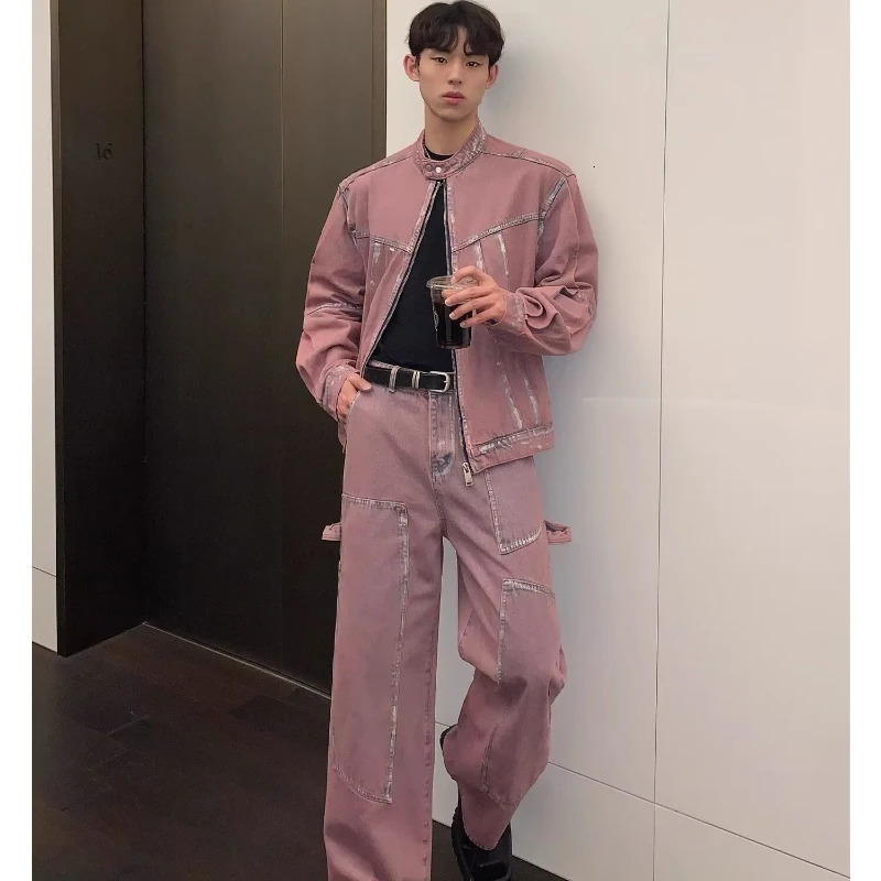 Hip Hop Street denim set mens painted patch work street two-piece set washing retro Harajuku denim set 241130