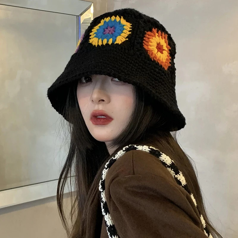 56-58cm knitted flower bucket hat for womens winter fisherman hat womens knitted yarn bucket hat fashionable Chapeau 241205