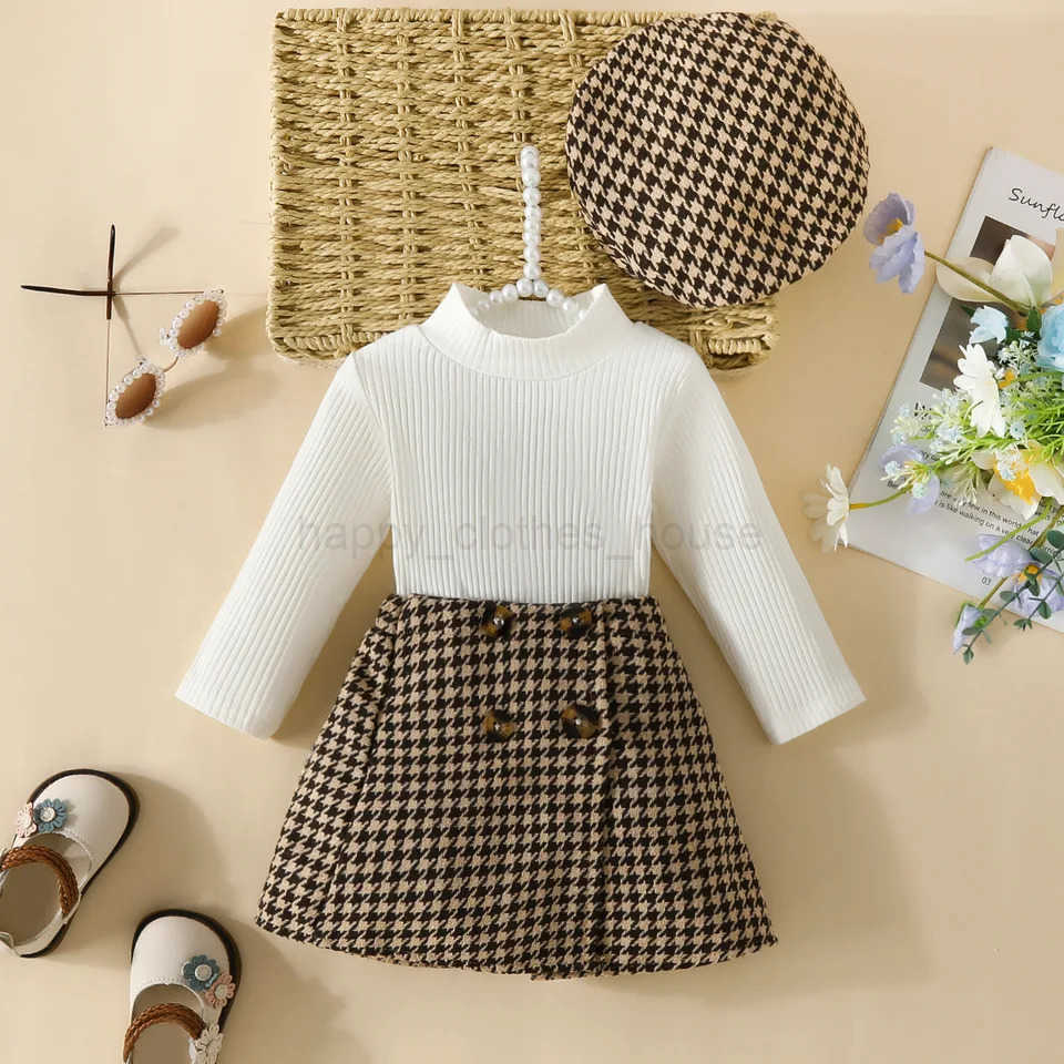 Infant Spring Autumn Long Sleeve Top and Dress Set 6-18months Baby Girl Solid Color Top Houndstooth Half Skirt BeretXJ241205