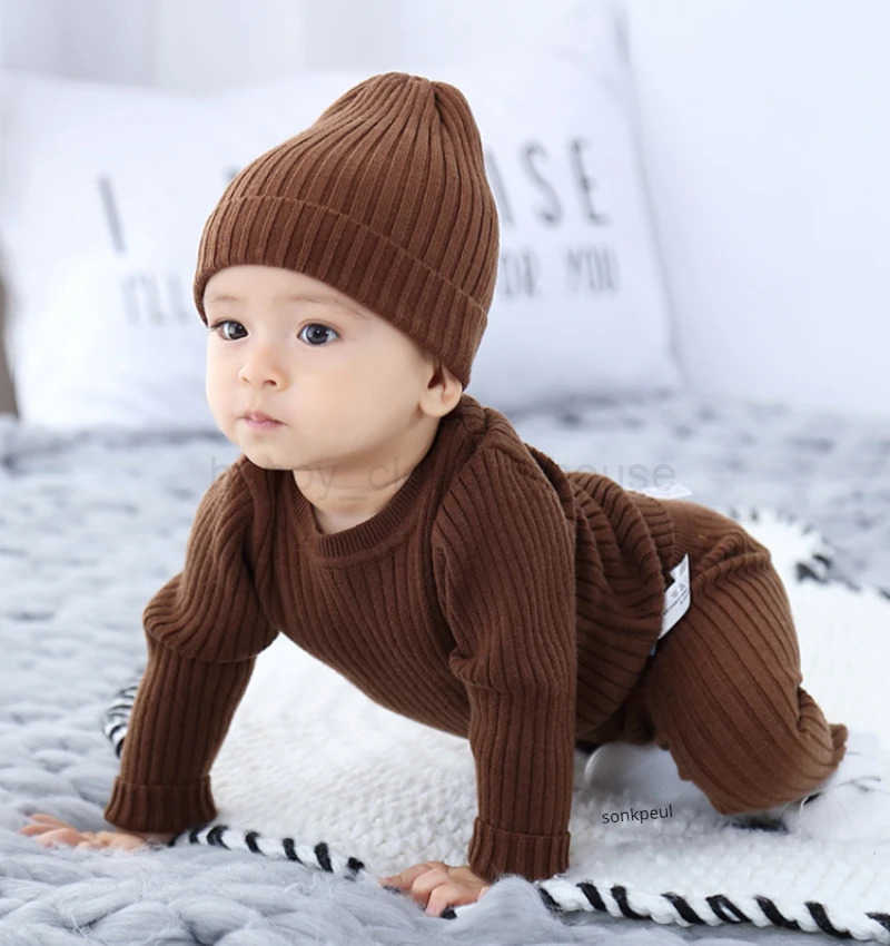 3pcs Sweater Sets Baby Boy Clothes Sets Kids Boys Girls Autumn Winter Knit Clothing Suit Newborn Toddler Outfits Tops Hat PantsXJ241205