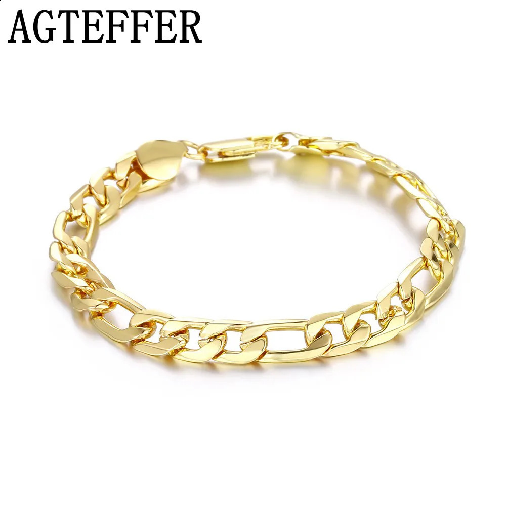 AGTEFFER 8 Inch Silver Color 8MM GoldSilver Full Side Figaro Chain Bracelet For Woman Man Fashion Wedding Jewelry Gift 241122